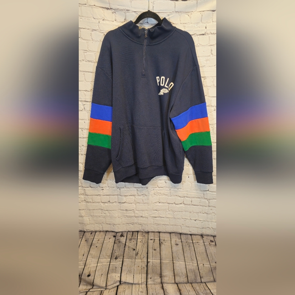 Ralph Lauren Navy Sweater with Blue, Green, and Orange Stripes